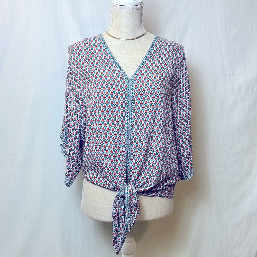 1930s 40s Insp Teal Coral Pastel Floral Print 
Blouse Short Ruffle Sleeve Wrap